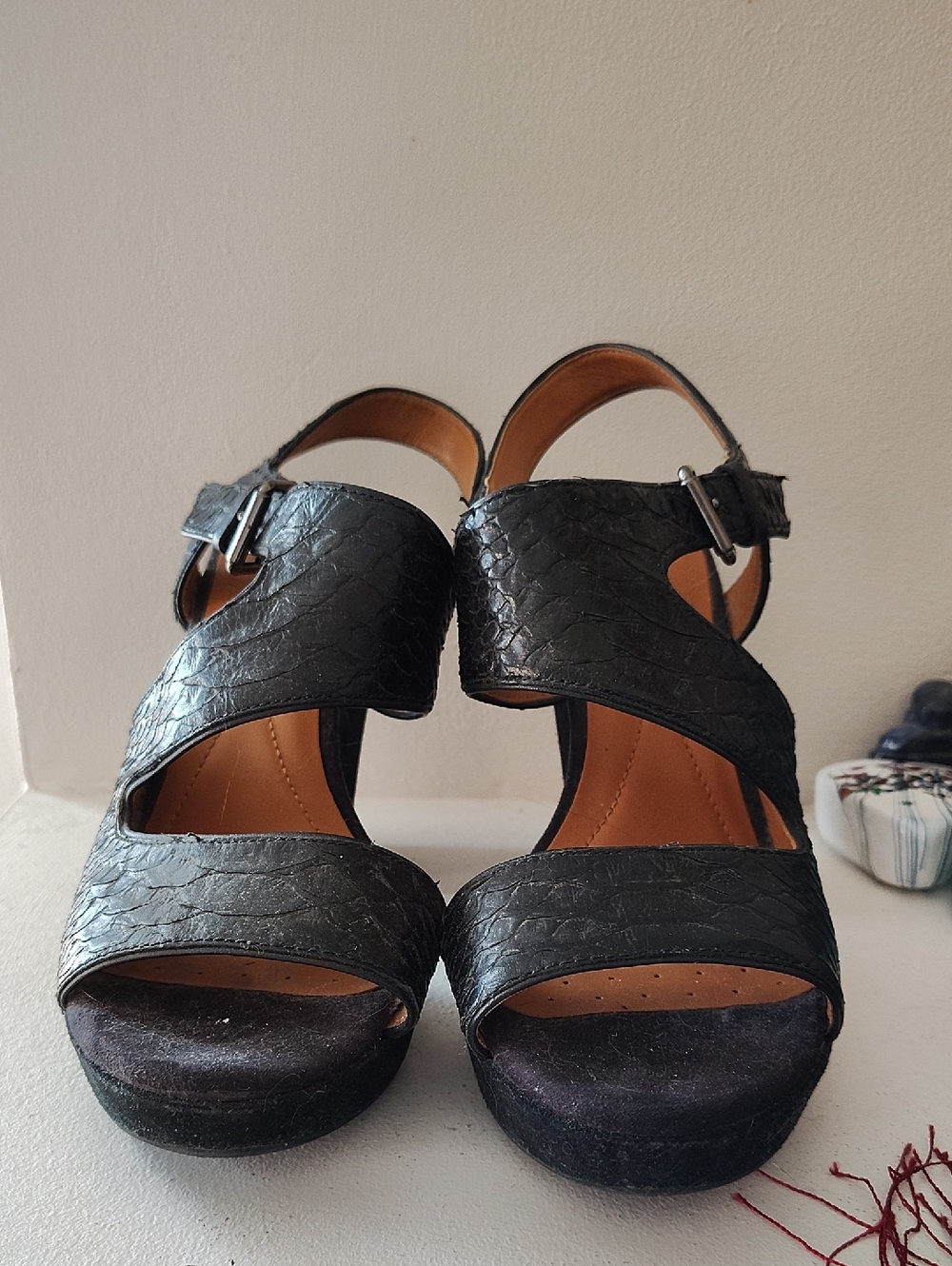 Geox Black Suede/ Leather Textured Platform Sandals with Ankle Strap 8.5